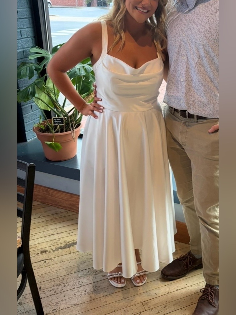 David’s Bridal Cowl-Neck White Midi Dress